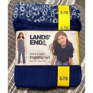 Lands' End Youth 3 Piece Pajama Set Cami Tee Pants Blue Size S 7/8